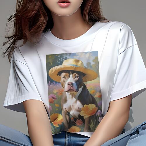 アメリカンピットブルテリア Tシャツ レディース 犬ファン 半袖 春夏 犬柄 プリント カジュアル かわいい 人間用 個性派 ここだけのデザイン 面白 帽子 アメリカンピットブルテリア 花