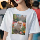 ポメラニアン Tシャツ レディース 犬ファン 半袖 春夏 犬柄 プリント カジュアル かわいい 人間用 個性派 ここだけのデザイン 面白 チューリップ ポメラニアン 庭 蝶 花