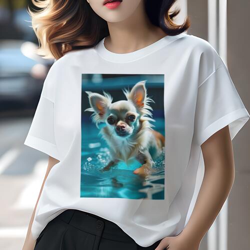 チワワ Tシャツ レディース 犬ファン 半袖 春夏 犬柄 プリント カジュアル かわいい 人間用 個性派 ここだけのデザイン 面白 水 チワワ プール