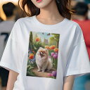 ポメラニアン Tシャツ レディース 犬ファン 半袖 春夏 犬柄 プリント カジュアル かわいい 人間用 個性派 ここだけのデザイン 面白 チューリップ ポメラニアン 庭 花 蝶