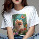 ポメラニアン Tシャツ レディース 犬ファン 半袖 春夏 犬柄 プリント カジュアル かわいい 人間用 個性派 ここだけのデザイン 面白 蝶 ポメラニアン 花 チューリップ 森