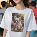 チワワ Tシャツ レディース 犬ファン 半袖 春夏 犬柄 プリント カジュアル かわいい 人間用 個性派 ここだけのデザイン 面白 チューリップ チワワ 花 春 庭