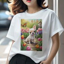 チワワ Tシャツ レディース 犬ファン 半袖 春夏 犬柄 プリント カジュアル かわいい 人間用 個性派 ここだけのデザイン 面白 チューリップ チワワ 庭 蝶 小道