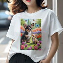 チワワ Tシャツ レディース 犬ファン 半袖 春夏 犬柄 プリント カジュアル かわいい 人間用 個性派 ここだけのデザイン 面白 チューリップ チワワ 蝶 花 春