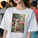 チワワ Tシャツ レディース 犬ファン 半袖 春夏 犬柄 プリント カジュアル かわいい 人間用 個性派 ここだけのデザイン 面白 チューリップ チワワ 庭 春 花