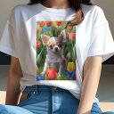 チワワ Tシャツ レディース 犬ファン 半袖 春夏 犬柄 プリント カジュアル かわいい 人間用 個性派 ここだけのデザイン 面白 チューリップ チワワ 蝶
