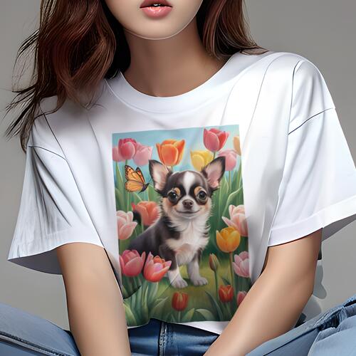 チワワ Tシャツ レディース 犬ファン 半袖 春夏 犬柄 プリント カジュアル かわいい 人間用 個性派 ここだけのデザイン 面白 チューリップ チワワ 花 蝶