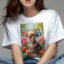 チワワ Tシャツ レディース 犬ファン 半袖 春夏 犬柄 プリント カジュアル かわいい 人間用 個性派 ここだけのデザイン 面白 チューリップ チワワ 庭 春 花