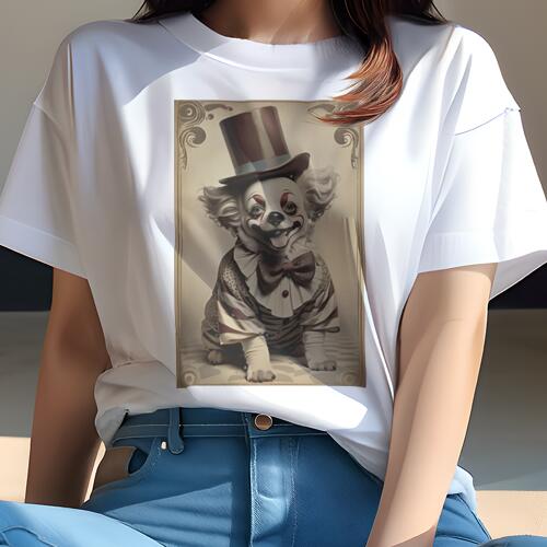 チワワ Tシャツ レディース 犬ファン 半袖 春夏 犬柄 プリント カジュアル かわいい 人間用 個性派 ここだけのデザイン 面白 ピエロ チワワ サーカス 帽子 ボウタイ