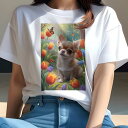 チワワ Tシャツ レディース 犬ファン 半袖 春夏 犬柄 プリント カジュアル かわいい 人間用 個性派 ここだけのデザイン 面白 チューリップ チワワ 蝶 花 春