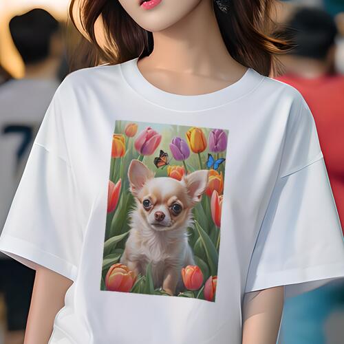 チワワ Tシャツ レディース 犬ファン 半袖 春夏 犬柄 プリント カジュアル かわいい 人間用 個性派 ここだけのデザイン 面白 チューリップ チワワ 蝶