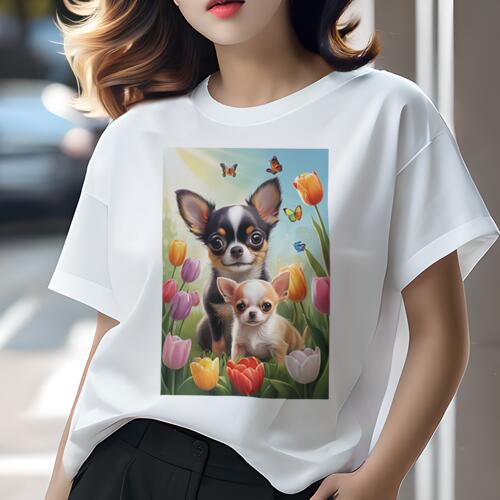チワワ Tシャツ レディース 犬ファン 半袖 春夏 犬柄 プリント カジュアル かわいい 人間用 個性派 ここだけのデザイン 面白 チューリップ チワワ 蝶