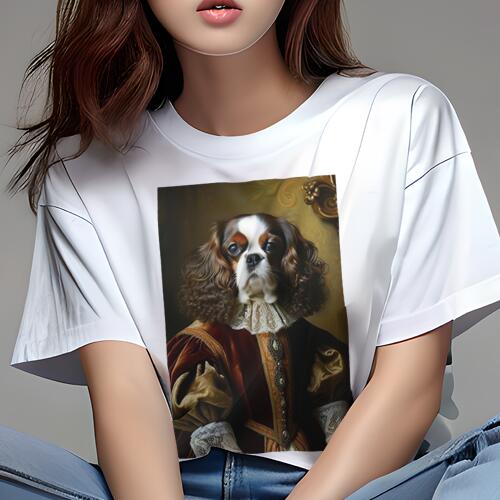 キャバリア Tシャツ レディース 犬ファン 半袖 春夏 犬柄 プリント カジュアル かわいい 人間用 個性派 ここだけのデザイン 面白 中世 キャバリア ルネサンス 王侯貴族 衣装のサムネイル