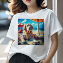 ゴールデンレトリバー Tシャツ レディース 犬ファン 半袖 春夏 犬柄 プリント カジュアル かわいい 人間用 個性派 ここだけのデザイン 面白 ビーチ ゴールデンレトリバー 傘 海 休暇
