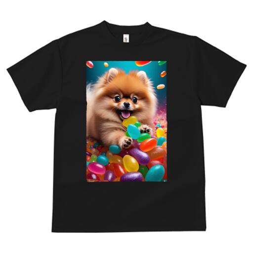 楽天フロントップ楽天市場店ポメラニアン Tシャツ メンズ キッズ 犬ファン 半袖 春夏 犬柄 プリント カジュアル かわいい 人間用 個性派 ここだけのデザイン 面白 キャンディ ポメラニアン カラフル スイーツ お菓子