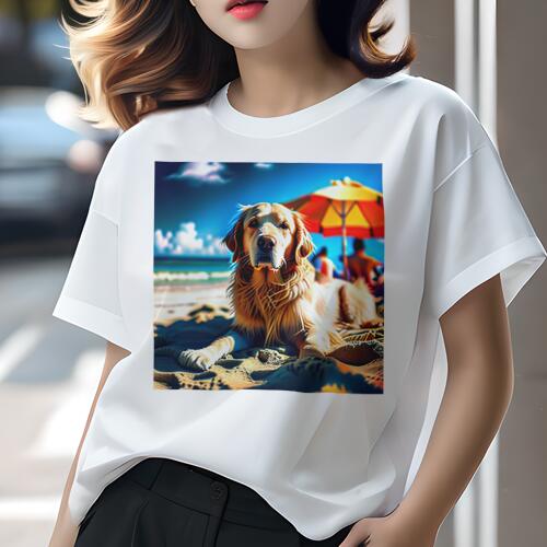 ゴールデンレトリバー Tシャツ レディース 犬ファン 半袖 春夏 犬柄 プリント カジュアル かわいい 人間用 個性派 ここだけのデザイン 面白 ビーチ ゴールデンレトリバー 海 傘 夏