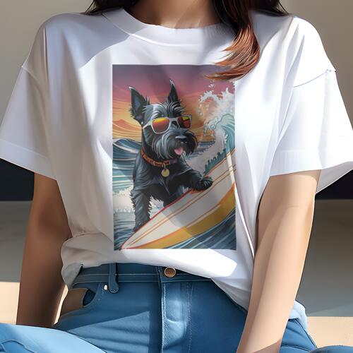 スコティッシュテリア Tシャツ レディース 犬ファン 半袖 春夏 犬柄 プリント カジュアル かわいい 人間用 個性派 ここだけのデザイン 面白 サーフィン スコティッシュテリア 海 波 サングラス