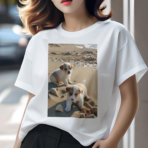 ジャックラッセルテリア Tシャツ レディース 犬ファン 半袖 春夏 犬柄 プリント カジュアル かわいい 人間用 個性派 ここだけのデザイン 面白 砂浜 ジャックラッセルテリア 貝殻 海