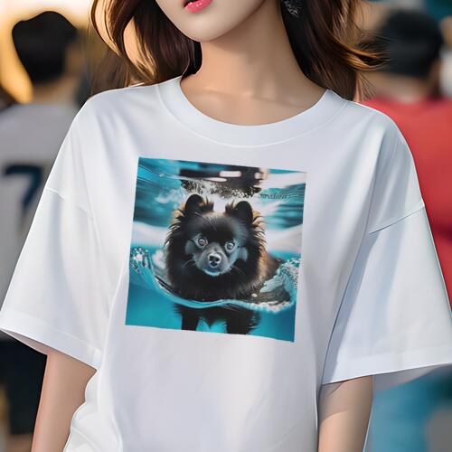 ポメラニアン Tシャツ レディース 犬ファン 半袖 春夏 犬柄 プリント カジュアル かわいい 人間用 個性派 ここだけのデザイン 面白 水 ポメラニアン 水中