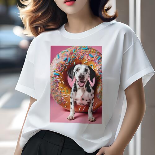ダルメシアン Tシャツ レディース 犬ファン 半袖 春夏 犬柄 プリント カジュアル かわいい 人間用 個性派 ここだけのデザイン 面白 ドーナツ ダルメシアン スプリンクル