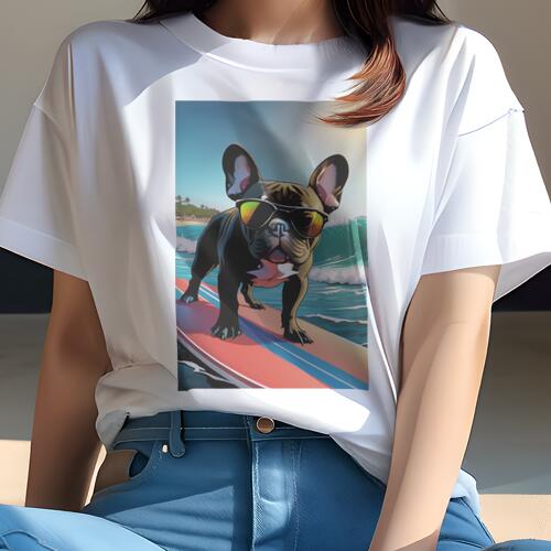 フレンチブルドッグ Tシャツ レディース 犬ファン 半袖 春夏 犬柄 プリント カジュアル かわいい 人間用 個性派 ここだけのデザイン 面白 サーフィン フレンチブルドッグ 海 波 ビーチ