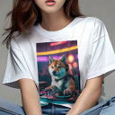 柴犬 Tシャツ レディース 犬ファン 半袖 春夏 犬柄 プリント カジュアル かわいい 人間用 個性派 ここだけのデザイン 面白 DJ 柴犬 ターンテーブル ヘッドホン ネオンライト