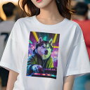 シベリアンハスキー Tシャツ レディース 犬ファン 半袖 春夏 犬柄 プリント カジュアル かわいい 人間用 個性派 ここだけのデザイン 面白 DJ シベリアンハスキー クラブ 音楽 ヘッドホン ミキサー