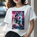 シベリアンハスキー Tシャツ レディース 犬ファン 半袖 春夏 犬柄 プリント カジュアル かわいい 人間用 個性派 ここだけのデザイン 面白 DJ シベリアンハスキー ヘッドホン ターンテーブル クラブ