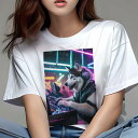 シベリアンハスキー Tシャツ レディース 犬ファン 半袖 春夏 犬柄 プリント カジュアル かわいい 人間用 個性派 ここだけのデザイン 面白 DJ シベリアンハスキー ヘッドホン ナイトクラブ ネオン