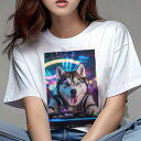 シベリアンハスキー Tシャツ レディース 犬ファン 半袖 春夏 犬柄 プリント カジュアル かわいい 人間用 個性派 ここだけのデザイン 面白 DJ シベリアンハスキー ターンテーブル ヘッドホン ネオン