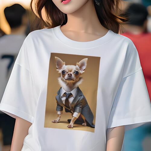 チワワ Tシャツ レディース 犬ファン 半袖 春夏 犬柄 プリント カジュアル かわいい 人間用 個性派 ここだけのデザイン 面白 スーツ チワワ ネクタイ