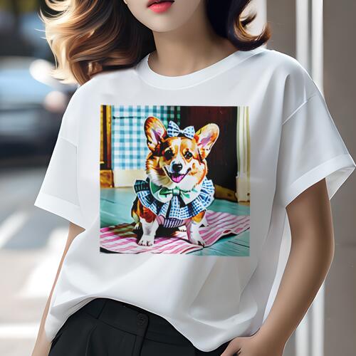 コーギー Tシャツ レディース 犬ファン 半袖 春夏 犬柄 プリント カジュアル かわいい 人間用 個性派 ここだけのデザイン 面白 リボン コーギー チェック柄 服