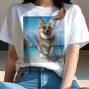 コーギー Tシャツ レディース 犬ファン 半袖 春夏 犬柄 プリント カジュアル かわいい 人間用 個性派 ここだけのデザイン 面白 海 コーギー ビーチ 夏 休暇
