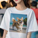 コーギー Tシャツ レディース 犬ファン 半袖 春夏 犬柄 プリント カジュアル かわいい 人間用 個性派 ここだけのデザイン 面白 ビーチ コーギー 海 夏 休暇
