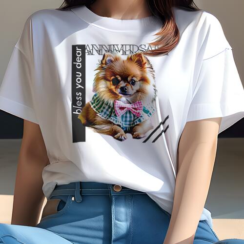 ポメラニアン Tシャツ レディース 犬ファン 半袖 春夏 犬柄 プリント カジュアル かわいい 人間用 個性派 ここだけのデザイン 面白 犬服 ポメラニアン 蝶ネクタイ