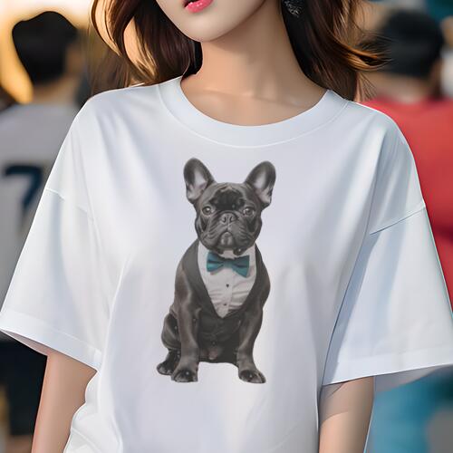 フレンチブルドッグ Tシャツ レディース 犬ファン 半袖 春夏 犬柄 プリント カジュアル かわいい 人間用 個性派 ここだけのデザイン 面白 蝶ネクタイ フレンチブルドッグ タキシード