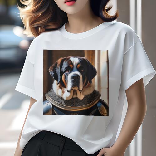 セントバーナード Tシャツ レディース 犬ファン 半袖 春夏 犬柄 プリント カジュアル かわいい 人間用 個性派 ここだけのデザイン 面白 騎士 セントバーナード 鎧