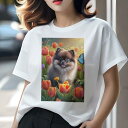 ポメラニアン Tシャツ レディース 犬ファン 半袖 春夏 犬柄 プリント カジュアル かわいい 人間用 個性派 ここだけのデザイン 面白 チューリップ ポメラニアン 蝶