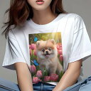 ポメラニアン Tシャツ レディース 犬ファン 半袖 春夏 犬柄 プリント カジュアル かわいい 人間用 個性派 ここだけのデザイン 面白 チューリップ ポメラニアン 花 春 蝶