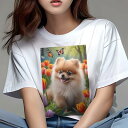 ポメラニアン Tシャツ レディース 犬ファン 半袖 春夏 犬柄 プリント カジュアル かわいい 人間用 個性派 ここだけのデザイン 面白 チューリップ ポメラニアン 蝶