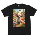チワワ Tシャツ メンズ キッズ 犬ファン 半袖 春夏 犬柄 プリント カジュアル かわいい 人間用 個性派 ここだけのデザイン 面白 チューリップ チワワ 花 庭 バタフライ