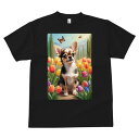 チワワ Tシャツ メンズ キッズ 犬ファン 半袖 春夏 犬柄 プリント カジュアル かわいい 人間用 個性派 ここだけのデザイン 面白 チューリップ チワワ 蝶 花