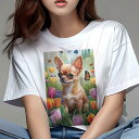 チワワ Tシャツ レディース 犬ファン 半袖 春夏 犬柄 プリント カジュアル かわいい 人間用 個性派 ここだけのデザイン 面白 チューリップ チワワ 蝶
