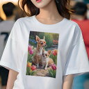チワワ Tシャツ レディース 犬ファン 半袖 春夏 犬柄 プリント カジュアル かわいい 人間用 個性派 ここだけのデザイン 面白 チューリップ チワワ 花 春 庭