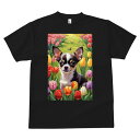 チワワ Tシャツ メンズ キッズ 犬ファン 半袖 春夏 犬柄 プリント カジュアル かわいい 人間用 個性派 ここだけのデザイン 面白 チューリップ チワワ 花 春 庭