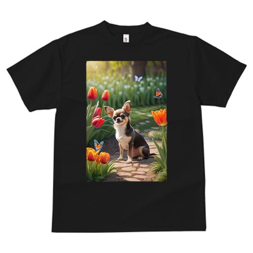チワワ Tシャツ メンズ キッズ 犬ファン 半袖 春夏 犬柄 プリント カジュアル かわいい 人間用 個性派 ここだけのデザイン 面白 チューリップ チワワ 庭 花 蝶