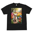 チワワ Tシャツ メンズ キッズ 犬ファン 半袖 春夏 犬柄 プリント カジュアル かわいい 人間用 個性派 ここだけのデザイン 面白 チューリップ チワワ 花畑 春 風景