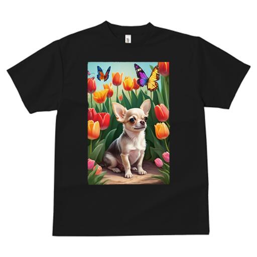 チワワ Tシャツ メンズ キッズ 犬ファン 半袖 春夏 犬柄 プリント カジュアル かわいい 人間用 個性派 ここだけのデザイン 面白 チューリップ チワワ 蝶