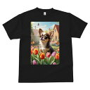 チワワ Tシャツ メンズ キッズ 犬ファン 半袖 春夏 犬柄 プリント カジュアル かわいい 人間用 個性派 ここだけのデザイン 面白 チューリップ チワワ 庭 蝶