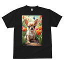チワワ Tシャツ メンズ キッズ 犬ファン 半袖 春夏 犬柄 プリント カジュアル かわいい 人間用 個性派 ここだけのデザイン 面白 チューリップ チワワ 花 春 蝶